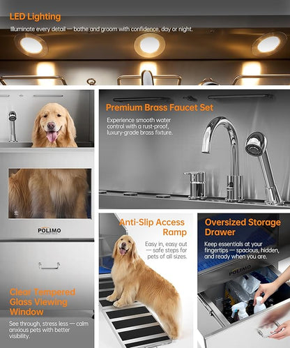 POLIMO Dog Washing Station, LED Professional Stainless Steel Dog Bathing Station 50", Dog Grooming Tub for Large, Medium &amp; Small Dog - with Window, Ramp, Drawer, Floor Grate &amp; Faucet (Right RAMP, 50")