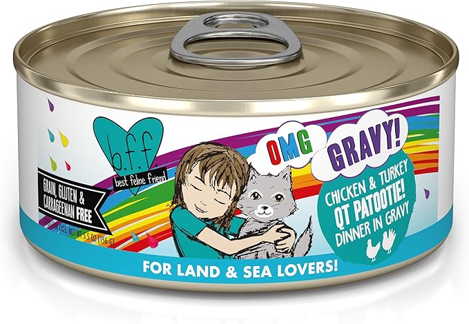 Weruva B.F.F. OMG - Best Feline Friend Oh My Gravy!, QT Patootie! with Chicken &amp; Turkey in Gravy Cat Food, 5.5oz Can (Pack of 8)
