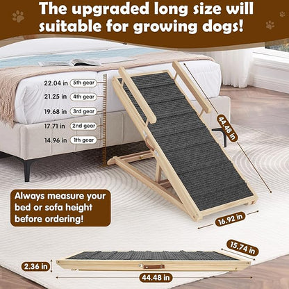 Dog Ramp for Couch, Bed or Car, Wooden 44" Long Pet Stairs for Small &amp; Large Old Dogs &amp; Cats, Hold up to 200lb, 5 Adjustable Height from 14.96" to 22", Portable Doggie Steps, Excellent Traction