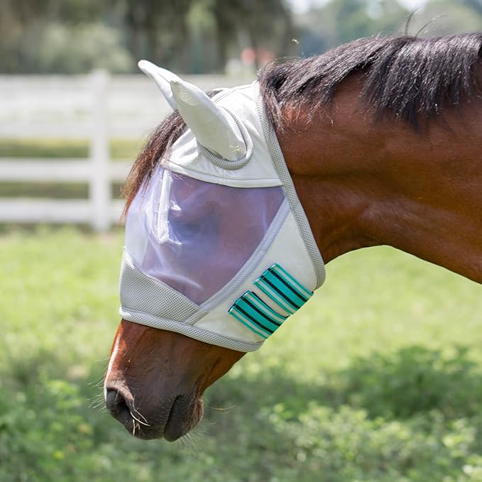 Equinavia Algard Soft Mesh Horse Fly Mask with Ear Protection and 45 UPF Rating | No Eye Irritation &amp; UV Protection - Silver/Turquoise - Pony