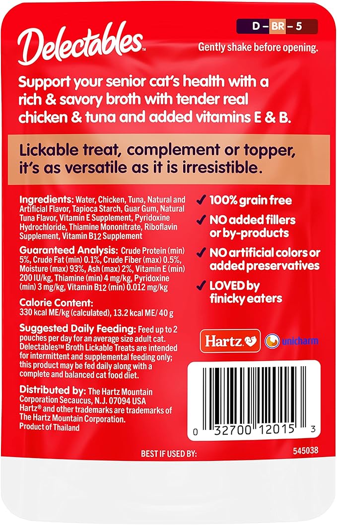 Hartz Delectables Savory Broths Senior 10+ Chicken &amp; Tuna Lickable Cat Treat, 12 Pack