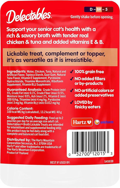 Hartz Delectables Savory Broths Senior 10+ Chicken &amp; Tuna Lickable Cat Treat, 12 Pack