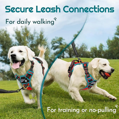 Eagloo Dog Harness for Large Dogs, Easy Wearing with 3 Buckles, Adjustable No Pull Pet Harness with 2 Rings for Walking, No Chock Reflective Soft Padded Vest with Control Handle, Red &amp; Teal, XL