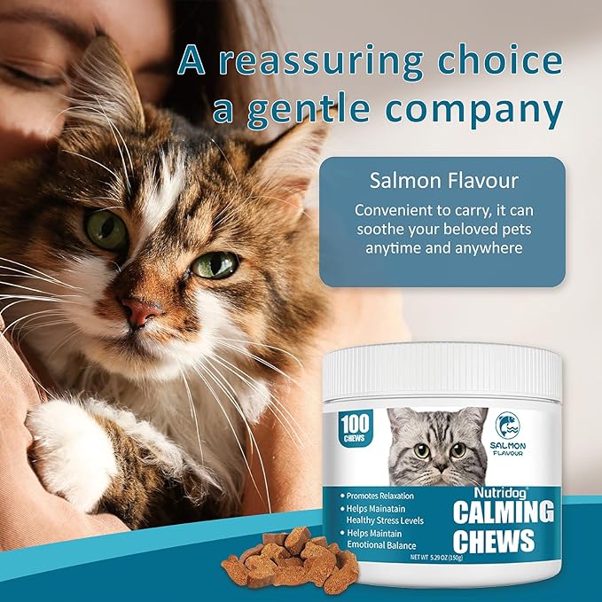 Cat Calming Treats - 100 Count Salmon Chews with Organic Chamomile &amp; Ginger, Stress Relief Supplement for Separation Anxiety, Vet Visits &amp; Thunderstorms (Salmon)