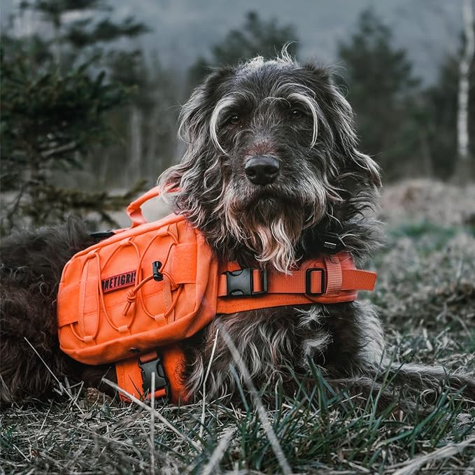 ONETIGRIS Dog Backpack for Medium &amp; Large Dogs, Nylon Backpack for Dogs Tactical Pet Backpack with Side Pockets for Hiking Walking Training Running (Orange, Medium)