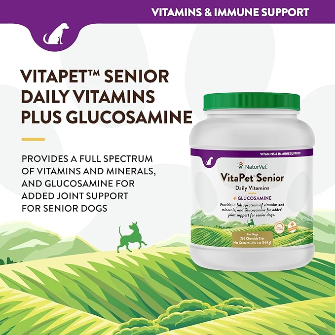 NaturVet –VitaPet Senior Daily Vitamins for Senior Dogs – Plus Glucosamine – Full Spectrum of Vitamins &amp; Minerals – Enhanced with Glucosamine for Added Joint Support – 365 Time Release Tablets