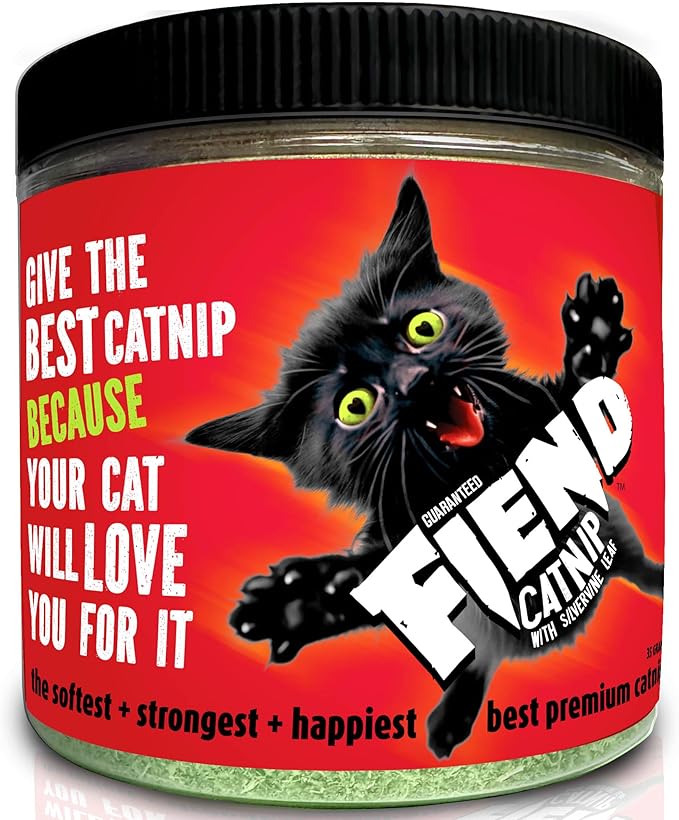 Fiend Catnip + Silvervine for Cats &amp; Kittens Safety-Cut Premium Fine Cat Nip Blend with Vegan Silvervine + Sticker – Ultra Potent, North American – 1 Cup (34.5g) Go Ahead, Create a Monster!