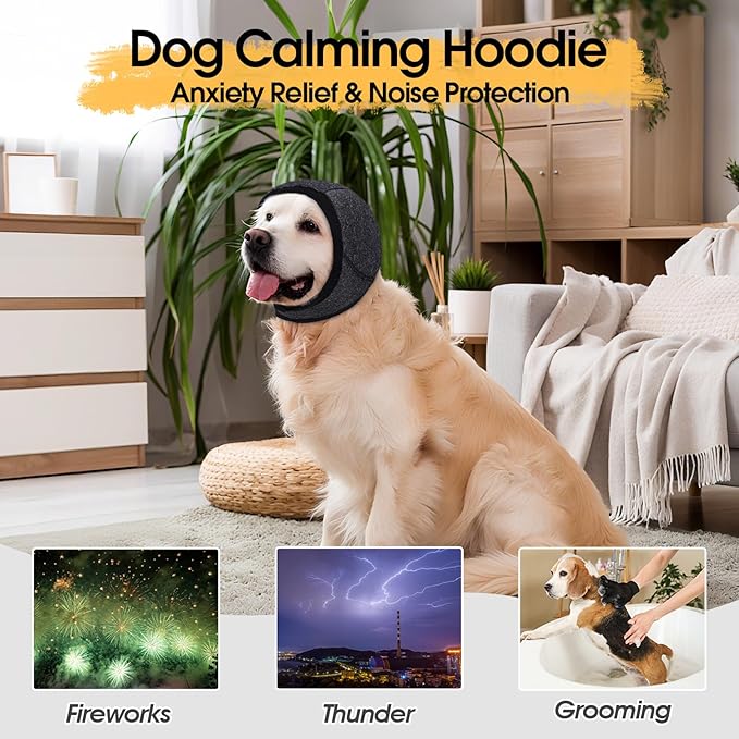 Dog Calming Hoodie, Dog Ear Muffs Noise Protection &amp; Anxiety Relief, No Shake Ear Wraps for Dogs Quiet Ears Cover Headband for Fireworks Grooming Swimming Bathing Force Drying