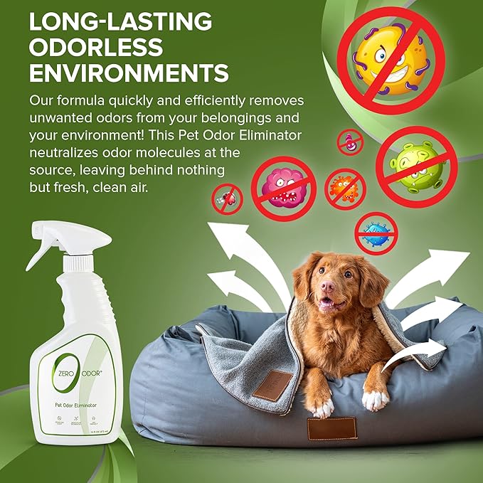 Zero Odor - Pet Odor Eliminator for Strong Odor, Eliminate Air &amp; Surface Odors – Patented Molecular Technology Best For Carpet, Furniture, Beds Smell Great Again (Over 400 Sprays Per Bottle)