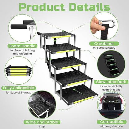 Sturdy 5-Step Aluminum Frame Dog Stair with 1680D PVC Fabric - Non-Slip, Lightweight &amp; Portable - Ideal for Car, SUV, Truck Access - Black (98x67x43cm)