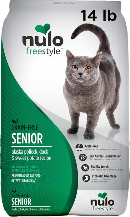 Nulo Freestyle High Protein Senior Cat Food, Alaska Pollock &amp; Sweet Potato Recipe - Natural Grain-Free Dry Cat Food for Seniors with L-carnitine, Omega Fatty Acids, &amp; Probiotics, 14 lb Bag