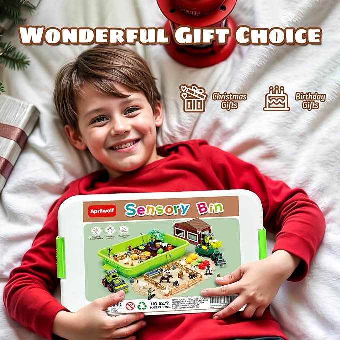 69 PCS Farm Sensory Bin Toys Playset, Sandboxes with Sand, Farmer Tractor &amp; Farm Animals Figures Toys for Kids 3 4 5, Gifts for 6 7 Years Old Boys Girls Toddlers