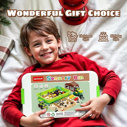 69 PCS Farm Sensory Bin Toys Playset, Sandboxes with Sand, Farmer Tractor &amp; Farm Animals Figures Toys for Kids 3 4 5, Gifts for 6 7 Years Old Boys Girls Toddlers