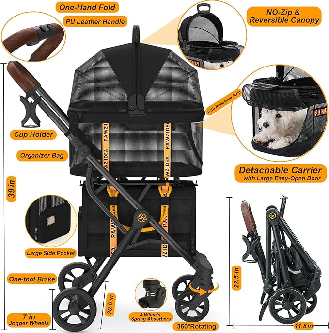 PAWZIDEA Double Pet Stroller with 2 Detachable Carriers, Portable Dog Crate for Car Travel &amp; TSA-Approved Expandable Cat Carrier, Foldable Lightweight Jogger Stroller for 2–4 Cats or Small/Medium Dogs