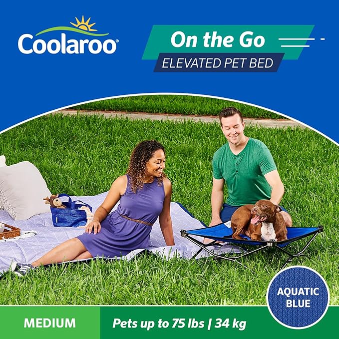 Coolaroo On-The-Go Elevated Dog Bed - Foldable Pop-Up Travel Dog Bed with Breathable, Moisture-Resistant Fabric, Carry Bag Included, Lightweight &amp; Portable, Aquatic Blue, Medium