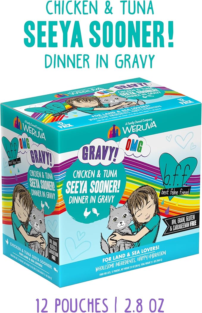 Weruva B.F.F. OMG - Best Feline Friend Oh My Gravy!, Seeya Sooner! with Chicken &amp; Tuna in Gravy Cat Food, 2.8oz Pouch (Pack of 12)