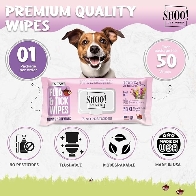 Shoo! Flea &amp; Tick Wipes for Dogs | Convenient, Easy On-The-Go Protection | Plant Based, Natural Oils, Chemical Free | Repels &amp; Prevents | 50 XL Wipes | (Floral Bliss)