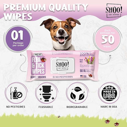 Shoo! Flea &amp; Tick Wipes for Dogs | Convenient, Easy On-The-Go Protection | Plant Based, Natural Oils, Chemical Free | Repels &amp; Prevents | 50 XL Wipes | (Floral Bliss)