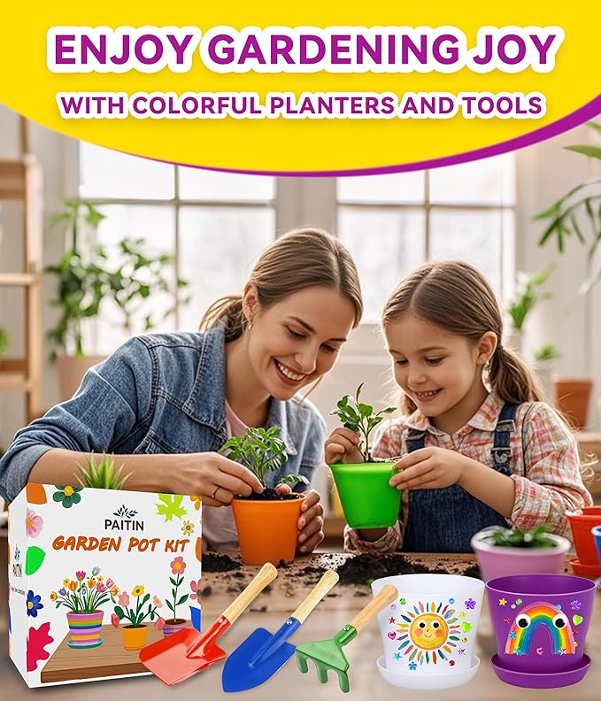 PAITIN Paint &amp; Plant Garden Pot Craft Kit - 4 Inch Plant Pots, Kids Gardening Tools, Labels, Paints, Brushes, Gem &amp; Eye Stickers - Perfect Spring Crafts Gifts for Women &amp; Kids