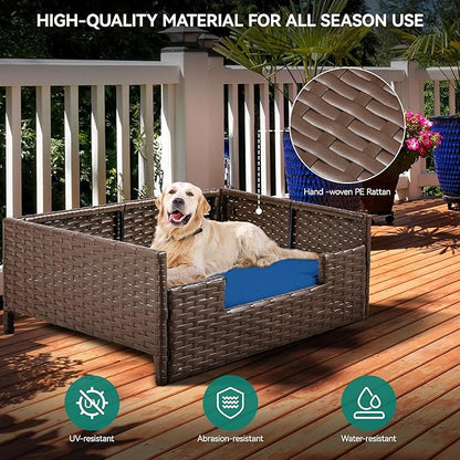 YITAHOME Rattan Dog Sofa Bed with Cushion, Wicker Pet Bed Sofa Couch Indoor Outdoor Waterproof for Large Medium Small Dogs Cats (38.6&