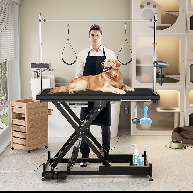 Electric Pet Grooming Table for Large Dogs - Professional Heavy Duty Height Adjustable Pet Grooming Station with Anti Slip Tabletop, Two Nooses &amp; Tool Organizer, Maximum Capacity Up to 250 lbs Black
