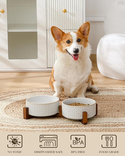 MALACASA Dog Bowl Set with Walnut Wood Stand, 3.5 Cups Ceramic Pet Bowls for Puppy Dogs, Dual Food and Water Bowls with Weighted Non-Slip Base, Basic Bowls for Your Dog or Cat, Rhombic &amp; Polka Dots
