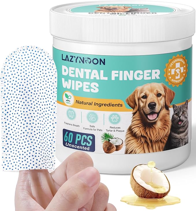 LAZYNOON Dog Teeth Cleaning Wipes - Dog Dental Wipes, Pet Dental Finger Wipes for Dogs &amp; Cats Teeth with Brushing Beads, Removes Plaque and Tartar Buildup, Freshens Breath, 60 Count