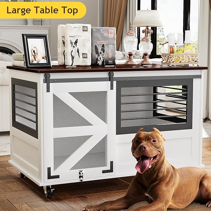 47 inch XL Dog Crate Furniture with Top-Access Teasing/Feeding Doors, Farmhouse Wooden Decorative Dog Crates with Wheels, Chew-Resistant Dog Crates End Table for Medium&amp;Large Dogs, White