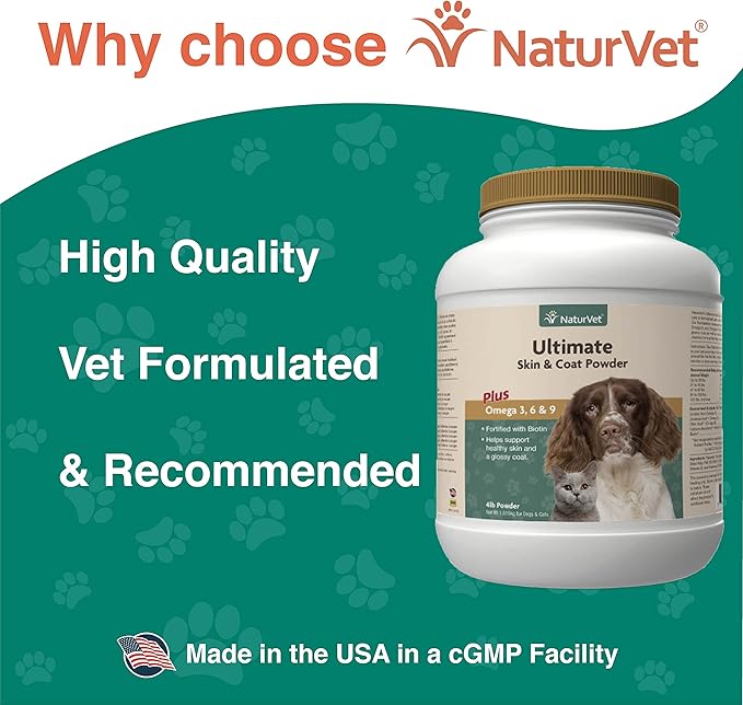 NaturVet Ultimate Skin &amp; Coat Powder Pet Supplement for Dogs &amp; Cats – Includes Omegas 3, 6, 9, Biotin, Vitamins – For Healthy Dog Coats, Cat Skin – Tasty Food Topper for Pets – 4 lbs.