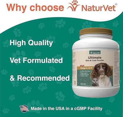 NaturVet Ultimate Skin &amp; Coat Powder Pet Supplement for Dogs &amp; Cats – Includes Omegas 3, 6, 9, Biotin, Vitamins – For Healthy Dog Coats, Cat Skin – Tasty Food Topper for Pets – 4 lbs.