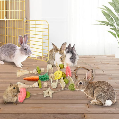 Rabbit Chew Toys Bunny Cage Hanging Toy and Treats Rattan Ring with Snacks for Rodent Pets Teeth Healthy