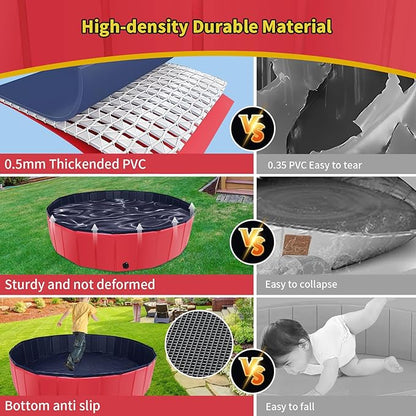 Foldable Dog Pool, 71" x 14" Large Kiddie Pool with Hard Plastic, Non-Slip Dog Bath Tub for Outdoor Backyard, Collapsible Dog Swimming Pool for Kids Dogs Pets (Red)