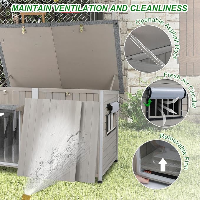 Dog House Outdoor Weatherproof &amp; Wooden Dog Kennel with Chew-Proof Iron Frame，Removable Floor, Adjustable Vent Window, Easy Assembly for Large and Extra-Large Dogs 55.1" D x 33.1" W x 34.8" H