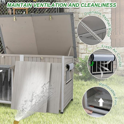 Dog House Outdoor Weatherproof &amp; Wooden Dog Kennel with Chew-Proof Iron Frame，Removable Floor, Adjustable Vent Window, Easy Assembly for Large and Extra-Large Dogs 55.1" D x 33.1" W x 34.8" H