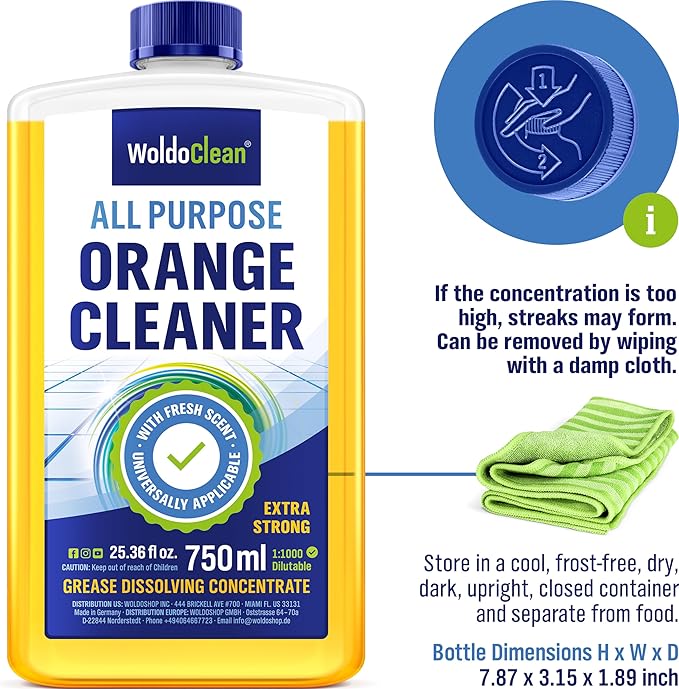 Orange Oil Cleaner Concentrated 25.36 fl oz (1 : 1000) - makes up to 200 Gallons Multi-Use Adhesive &amp; Grease Remover, Custom-Dilution Citrus Degreaser for Floors, Kitchen &amp; Bath