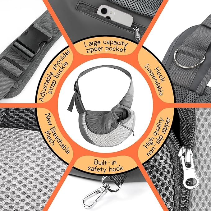 YUDODO Pet Sling Carrier for Small Dogs &amp; Cats – Hands-Free Puppy Carrier with Safety Hook, Large Zipper Pocket, Soft Breathable Mesh, Adjustable Strap &amp; Reflective Strip (Gray 1.0 M)