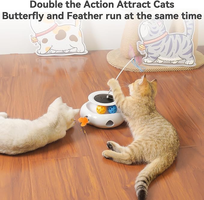 3in1 Interactive Cat Toys Moving Ambush Feather, Spinning Butterfly, Track Balls, Rechargeable Automatic Activated Kitten Toys for Indoor Cats, Cat Feather Toy for All Breeds