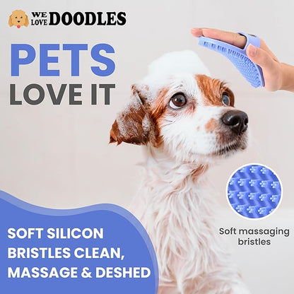 Dog Grooming Bath Brush, Pet Rubber Brush For Shower Scrubbing &amp; Soothing Massage, Ideal for Long &amp; Short Haired Dogs and Cats, Essential Puppy Grooming Accessories, Short Pins [We Love Doodles]