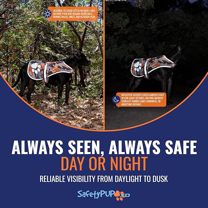 Dog Reflective Vest – Hi-Vis Fluorescent Visibility That Helps to Safeguard Your Pet On/Off Leash in Urban &amp; Rural Areas (Camo, Medium)