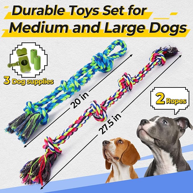 Heavy Duty Dog Rope Toys for Aggressive Chewers, Tough Tug of War Dog Toys for Large, Medium &amp; Small Dogs – 5 Pack Including 2 Ropes &amp; 3 Supplies