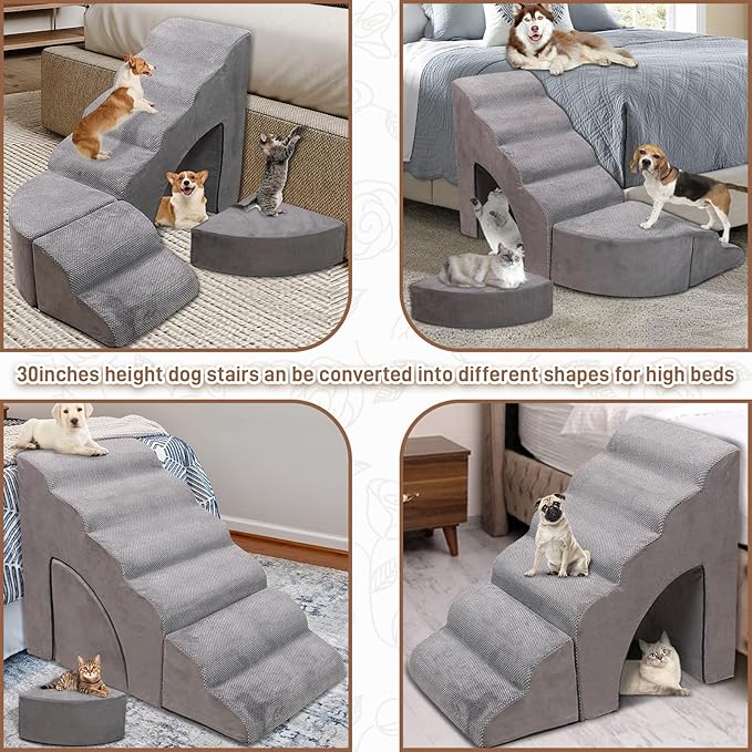 Foam Dog Stairs &amp; Steps Ramps for High Beds 30 inches Tall for Small Dogs and Cats, LitaiL 6 Step Pet Stairs Steps for High Beds 30 inch Large Dogs, Non-Slip Dog Ramps for Older Cat