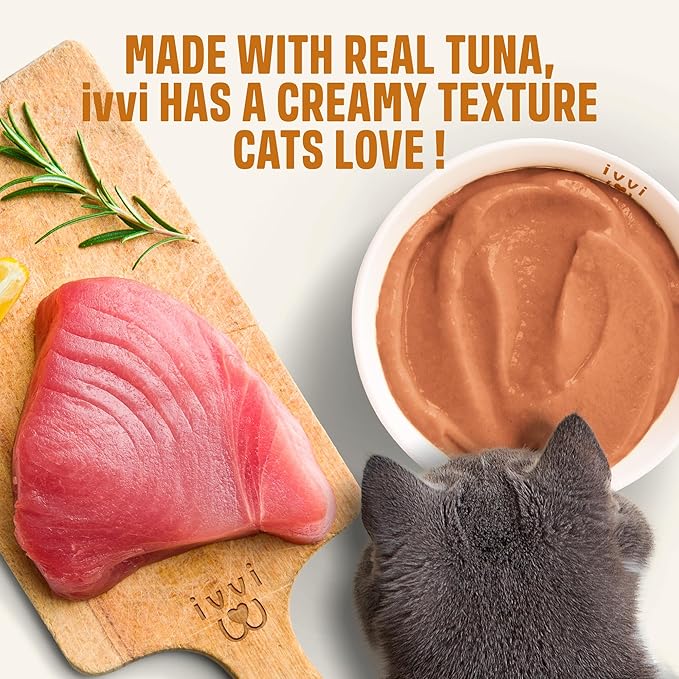 ivvi Skin &amp; Coat for Cats – Functional Creamy Snack with Salmon Oil, Algae Oil, Zinc, Collagen &amp; Biotin – Supports Skin and Fur Health – 30 x 0.53 oz Sachets – with Real Tuna