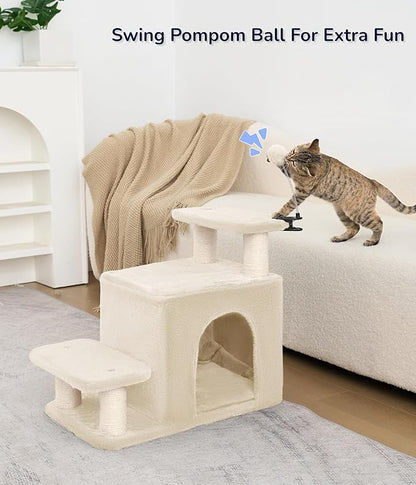 Happi N Pets Dog Stairs with Cat Scratching Post &amp; Large Condo, Stable Pet Steps for High Beds Couch, 3 Combinations Cat Ramp Tree Tower for Cats or Small Dogs, Removable Cushion &amp; Bonus Toy, Beige