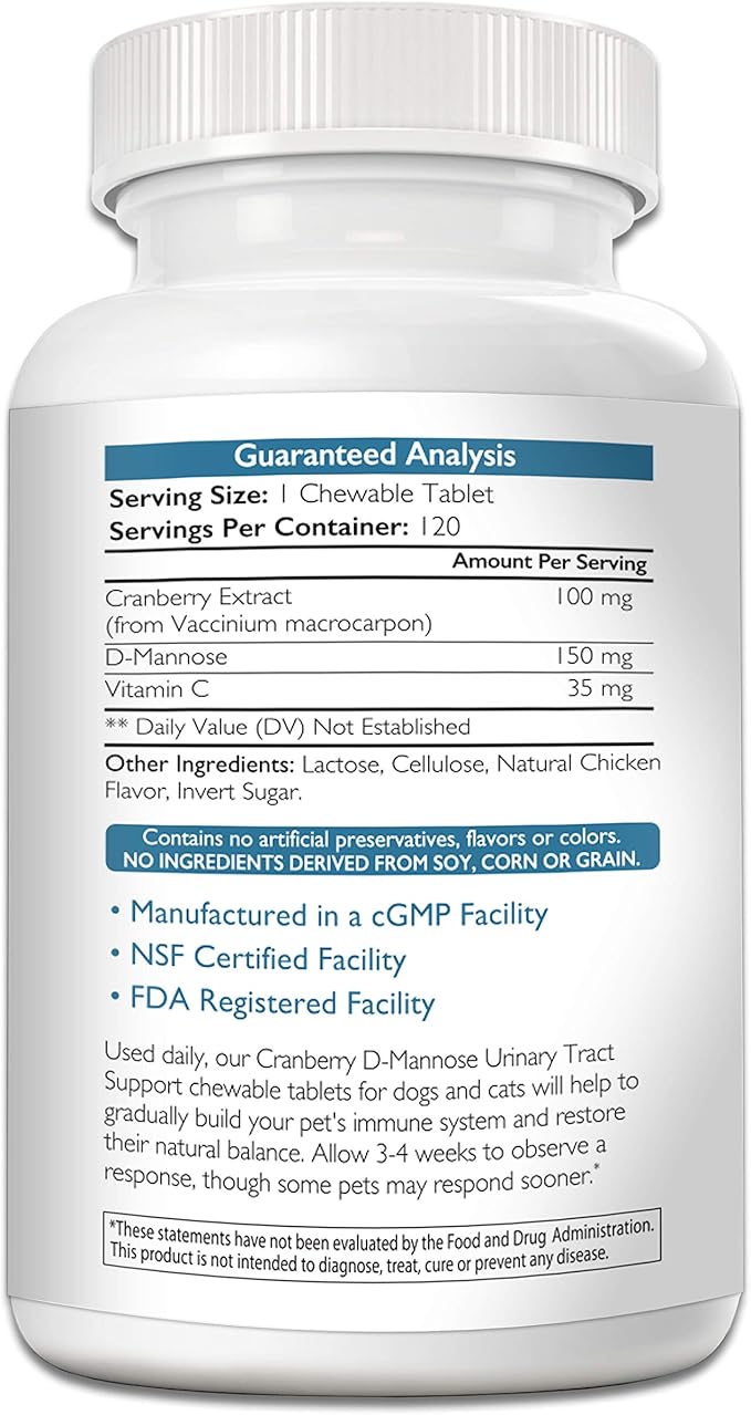Cranberry D-Mannose for Dogs, Support for Bladder &amp; UTI, Pet Urinary Tract + Immune Health Supplement, Cranberry for Dogs with D-Mannose &amp; Vitamin C, 150 Chewable Tablets