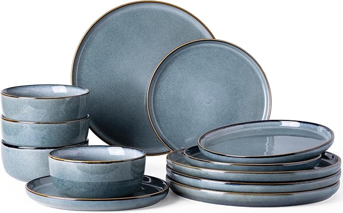 GBHOME Ceramic Dinnerware Sets for 4, 12 Pieces Stoneware Plates and Bowls Sets, Reactive Glaze Dishes -Scratch Resistant, Dishwasher&amp;Microwave Safe, Space Blue