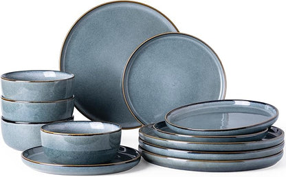 GBHOME Ceramic Dinnerware Sets for 4, 12 Pieces Stoneware Plates and Bowls Sets, Reactive Glaze Dishes -Scratch Resistant, Dishwasher&amp;Microwave Safe, Space Blue