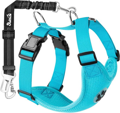 SlowTon Dog Seat Belt Harness for Car, Dog Car Harness Adjustable Mesh Breathable &amp; Dog Seatbelt Safety Tether with Elastic Bungee for Small Medium Large Pets(Light Blue, Double Clip, XXS)