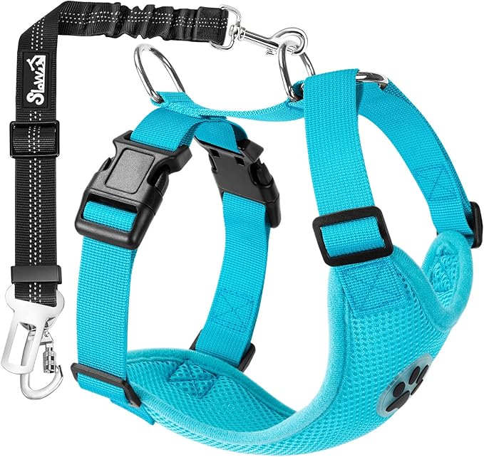SlowTon Dog Seat Belt Harness for Car, Dog Car Harness Adjustable Mesh Breathable &amp; Dog Seatbelt Safety Tether with Elastic Bungee for Small Medium Large Pets(Light Blue, Double Clip, L)