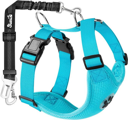 SlowTon Dog Seat Belt Harness for Car, Dog Car Harness Adjustable Mesh Breathable &amp; Dog Seatbelt Safety Tether with Elastic Bungee for Small Medium Large Pets(Light Blue, Double Clip, M)