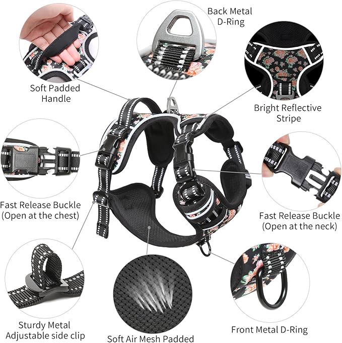Timos No Pull Dog Harness,NO Need Go Over Dogs Head 3 Snap Buckles Reflective Oxford No Choke Harness with Front&amp;Back 2 Metal Leash Clips Soft Padded for Small Medium Large Dogs,X-Large (Pack of 1)